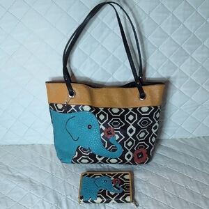Relic Faux Leather Satchel and Wallet with Elephant/Floral Design.
